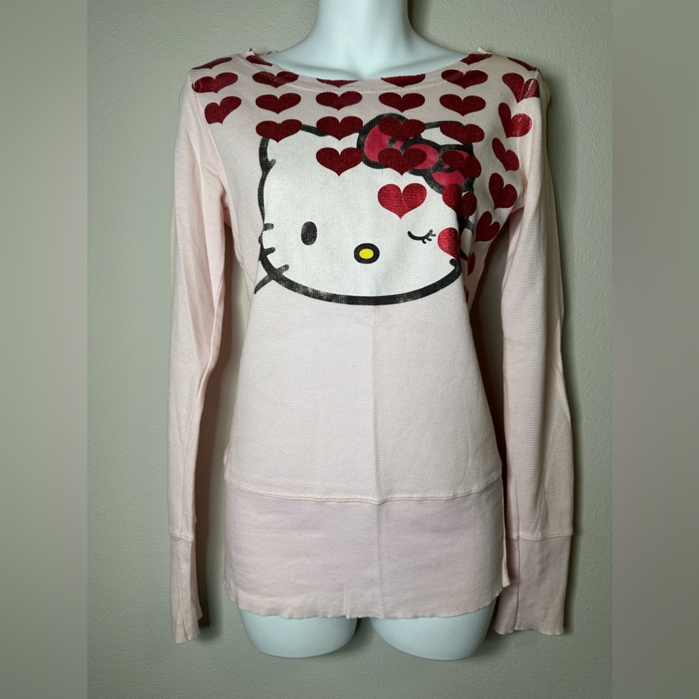 Hello Kitty Pink Slightly Distressed Long Sleeve Thermal Tee Shirt With Hearts